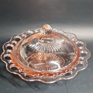 Anchor Hocking USA Old Colony Open Lace Edge Pink Bon Bon Candy Butter Dish